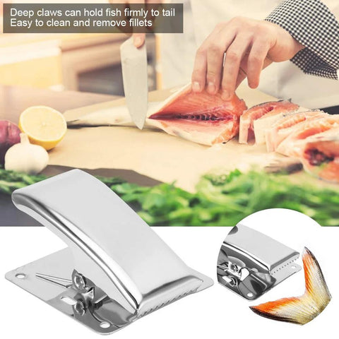 Front view of stainless steel fish fillet clamp with built-in spring for filleting.