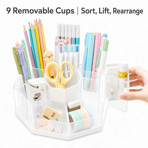 Spin It Desk Organizer With 360 Degree Rotation Nine Removable Compartments holding pens, scissors, and supplies