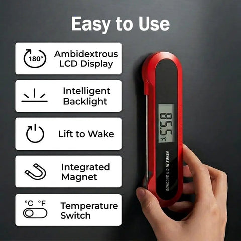 Hand holding 3X Faster 0.5 Second Instant Read Meat Thermometer With Auto Wake And Sleep, Rotating Backlit Display, IP67 Waterproof
