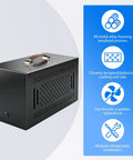 Beefy Thunderbolt 3 External Graphics Dock Paired With 750W Power Supply in sleek black anodized metal with handle.