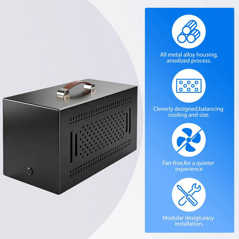 Beefy Thunderbolt 3 External Graphics Dock Paired With 750W Power Supply in sleek black anodized metal with handle.