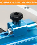 Blue T-Track Flip Stop on Table Saw Miter Gauge System With 27 Angle Stops, enhancing precise crosscuts setup.