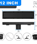 12 inch matte black shower drain with dimensions and accessories display, showing 2.75 inch height and 2 inch outlet.
