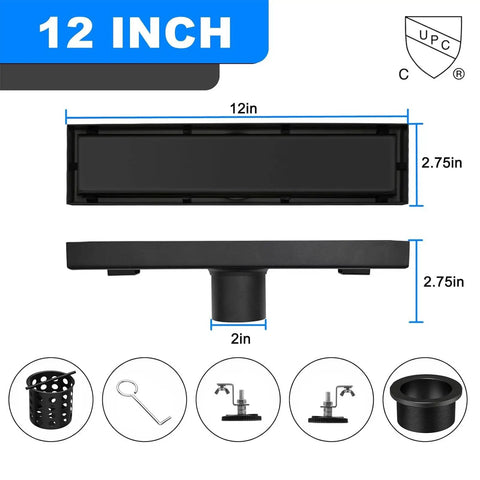 12 inch matte black shower drain with dimensions and accessories display, showing 2.75 inch height and 2 inch outlet.