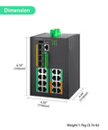 Industrial 16 Port Full Gigabit L3 Managed PoE Switch With Four 10G SFP Uplinks And A 370W PoE Budget dimensions and ports