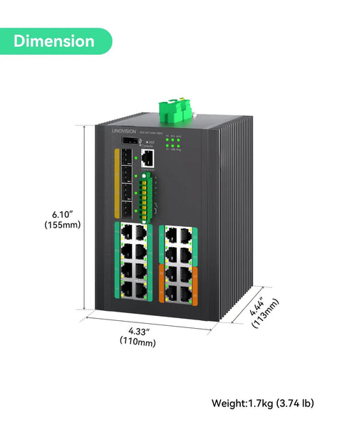 Industrial 16 Port Full Gigabit L3 Managed PoE Switch With Four 10G SFP Uplinks And A 370W PoE Budget dimensions and ports