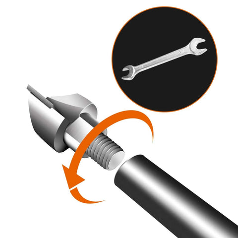 Close-up of drill bit and wrench from Door Lock Installation Kit With Mortising Jig And Drill Bits For Wooden Doors, Heavy Duty Lock Mortiser Tool Set
