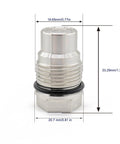 Front view of stainless steel diesel fuel rail plug valve, M20x1.5, with O-ring
