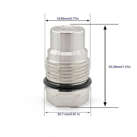 Front view of stainless steel diesel fuel rail plug valve, M20x1.5, with O-ring
