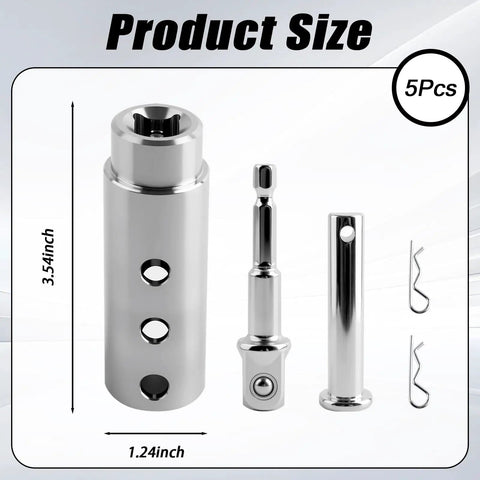 Heavy Duty Trailer Jack Drill Adapter For RV And Camper Sets Up With One Inch Drive Shaft showing parts and sizes 3.54inch and 1.24inch.