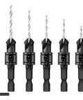 5Pc Countersink And Counterbore Drill Bit Set For 5 To 12 Screws, M2 Pilot Bits, One Quarter Inch Hex Shank, 82 Degree Chamfer
