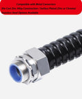 Heavy Duty Flexible Metal Conduit With Black PVC Coating Corrugated Wire Protection Tube For Railway And Industrial Electrical Projects Tough As Nails Cable Management Roll That Lasts Forever close-up view showing the zinc alloy connector.