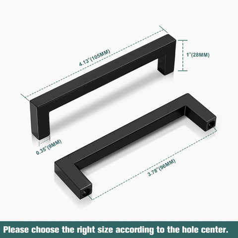 25 Pack Black Cabinet Handles Square Drawer Pulls 4 Inch Overall Length 96mm Hole Center 3-3/4 Inch Solid Zinc Alloy Kitchen Cabinet Pulls