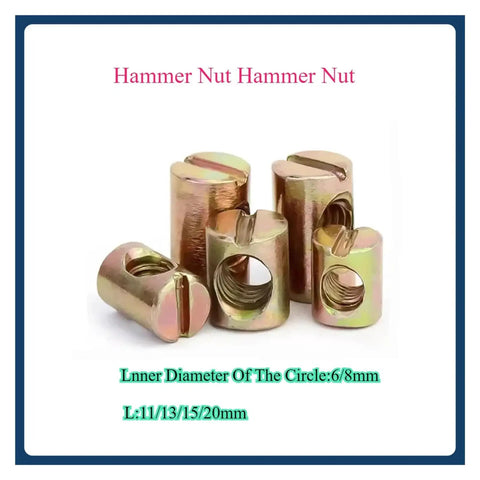 Hammer Nut Head 2 In 1 No-Fuss Furniture Connector With Inner Hex Screw Cap M6 M8 displayed in various sizes