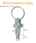 M10 thread dimensions and specifications for Four Pack Beefy Carbon Steel Indexing Plungers Featuring Retractable Spring Loaded Pull Rings M10 Thread Quick Detent Pins.