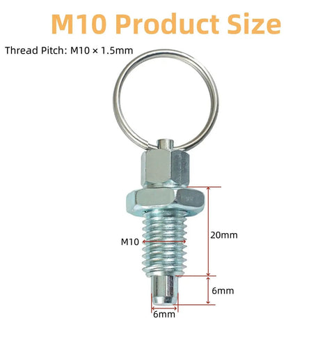 M10 thread dimensions and specifications for Four Pack Beefy Carbon Steel Indexing Plungers Featuring Retractable Spring Loaded Pull Rings M10 Thread Quick Detent Pins.
