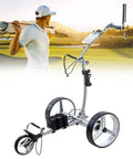 Runs Smooth On Every Fairway And Handles Rough Terrain, Kickass 3 Wheel Electric Golf Cart With One Touch Remote, Super Easy Fold Steel Frame, Dual 400W Motors, And Long Haul Lithium Power, showing golf cart in action on course.