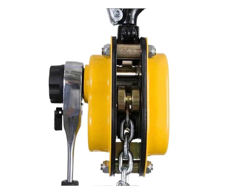 Heavy Duty 0.25 To 0.75 Ton Manual Lever Chain Hoist Winch side view showing lever mechanism and yellow wheel design.
