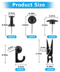 Top Tier Black Push Pin Set With Five Fresh Thumb Tacks And Sharp Steel Point Map Pins For Heavy Duty Cork Board Organization Rock Solid 140 Piece Desk Kit product size chart with dimensions and quantities of pin styles.