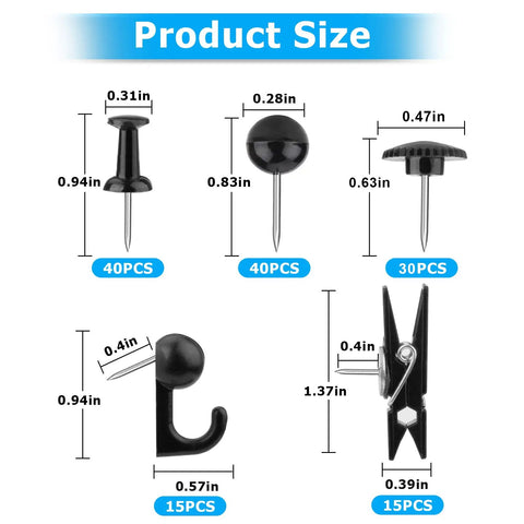 Top Tier Black Push Pin Set With Five Fresh Thumb Tacks And Sharp Steel Point Map Pins For Heavy Duty Cork Board Organization Rock Solid 140 Piece Desk Kit product size chart with dimensions and quantities of pin styles.