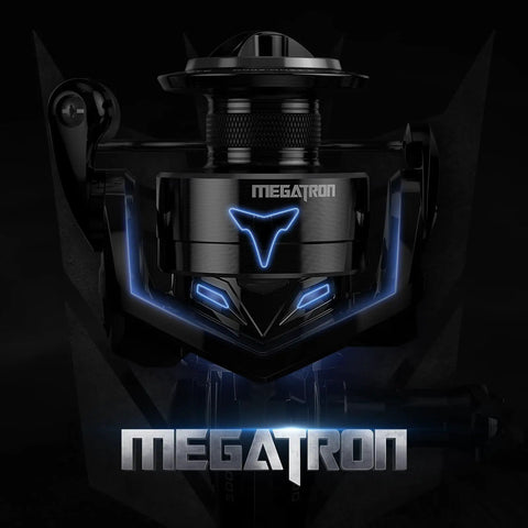 Front view of Megatron Spinning Fishing Reel Size 5000 For Freshwater And Saltwater Use Ultra Durable Build With Beast Drag System.