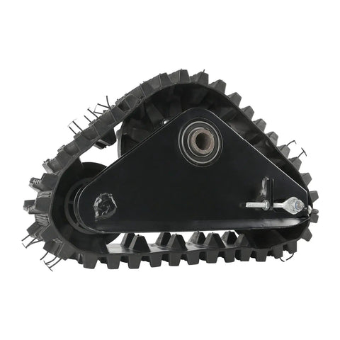 Side view of Pair Of 23 Tooth Spline Rear ATV Tracks For Go Kart UTV And Quad Beefed Up For Snow Sand Mud Off Road Performance Replacement Track Assembly In Black For Maximum Traction And Flotation On Any Terrain