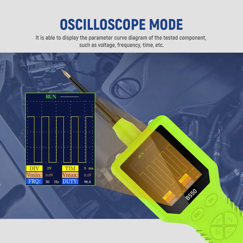 Ultimate Vehicle Electrical Tester With 2.4 Inch TFT Display showing oscilliscope mode in car engine bay