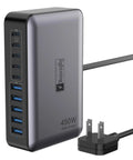 GaN PD 450W 10 Ports USB C And USB A Charger Hub with 5 Type C and 5 USB A Ports, gray design showing power cord