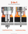 VEVOR magnetic drill press; left shows large-diameter coring, right shows small-diameter drilling on orange base