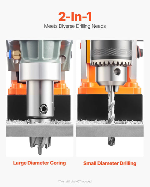 VEVOR magnetic drill press; left shows large-diameter coring, right shows small-diameter drilling on orange base