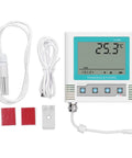 Heavy Duty Lcd Temperature Data Logger With Usb Software Alerts And Rechargeable Battery For Cold Chain Warehouses And Labs displaying sensor, cables, and mount.