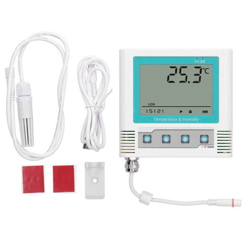 Heavy Duty Lcd Temperature Data Logger With Usb Software Alerts And Rechargeable Battery For Cold Chain Warehouses And Labs displaying sensor, cables, and mount.