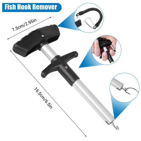 Fish hook remover from the All In One 3 Layer Tackle Box With 213 Pcs Lures Kit And Handy Tool Kit Including Weights Scale Lip Clip Hook Remover And Fishing Accessories For Beginners Kids Men And Adults, showing dimensions and grip design.