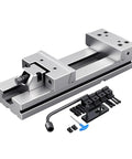 Heavy Gauge 5 Inch Bench Vise With Wide Jaw Opening And Rock Solid Clamping Force For CNC Machining Centers shown with accessories.