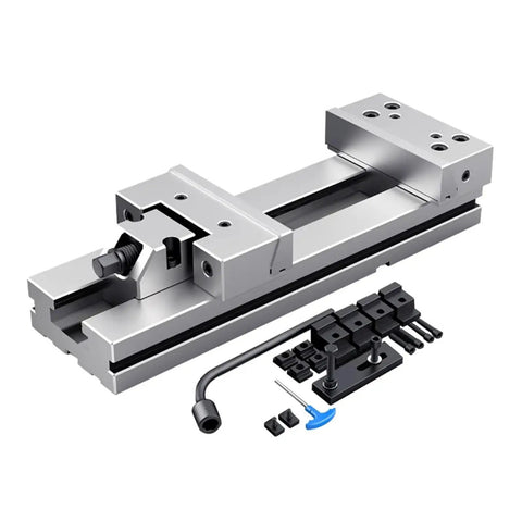 Heavy Gauge 5 Inch Bench Vise With Wide Jaw Opening And Rock Solid Clamping Force For CNC Machining Centers shown with accessories.