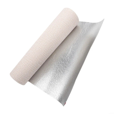 Heavy Duty Peel And Stick 3D Wallpaper Roll Built With Thick Waterproof Foam showing textured light beige surface and shiny silver backing.