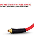 Close-up of Built Tough 50 Feet Heavy Duty Rubber Air Hose For Compressors 3/8 Inch Thick with solid brass ends.