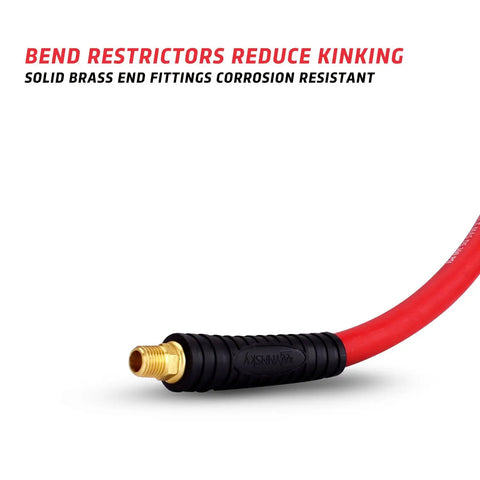 Close-up of Built Tough 50 Feet Heavy Duty Rubber Air Hose For Compressors 3/8 Inch Thick with solid brass ends.