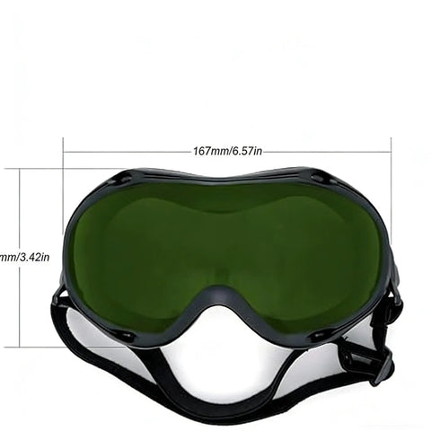 Heavy Duty Laser Safety Glasses With Kickass OD 6 Plus Protection Against UV And IR Radiation Tough As Nails, front view with measurements.