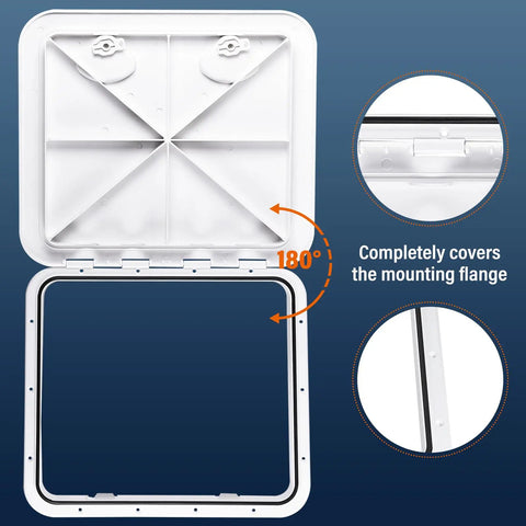 Heavy Duty ABS Marine Deck Hatch Built Tough For Weekend Warriors And Captain Crews Featuring Bullet Proof Rubber Weather Seal And Lockdown Recessed Handles Delivers In Pristine White open view showing seal and flange cover.