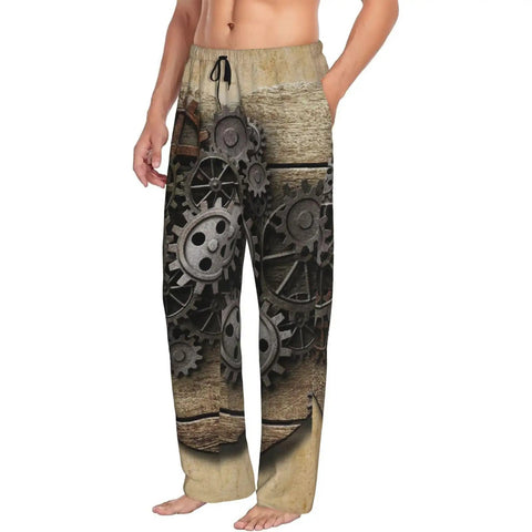 Stylish Steampunk Industrial Aged Human Heart Rusty Metal Gears Pajama Pants Lightweight Sleep Lounge Bottoms With Pockets And Button Fly For Men And Women Medium on a model displaying the gear design.