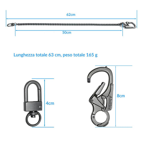 Beefy Wallet Chain For Men With Lockable Carabiner And Tungsten Steel Car Window Breaker showing dimensions and components