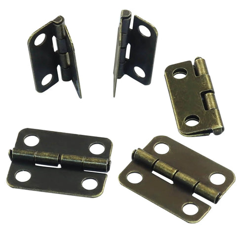 Bronze Mini Hinge Set for Wooden Boxes and Tiny Doors, 18 x 15mm, 50 Pcs with Screws, shown folded and unfolded.