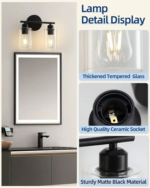 Detail image of Snag This Top Shelf Matte Black Two Light Bathroom Vanity Fixture With Clear Glass Shades, showing socket and glass.