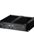 Beat The Heat Industrial Fanless Mini Pc With Intel Core I3 8130U Chips Up To Three Point Four Ghz For Seamless Workflow And Slick Htpc Entertainment Featuring 16 Gb Ram 512 Gb Storage Preloaded With Windows 11 Pro, shown from the back with ports.