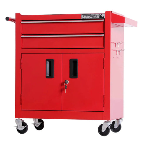 Heavy Duty Steel Tool Cart On Wheels, Red Rolling Tool Chest With Lockable Double-Door Cabinet And Two Drawers, Anti-Slip Rubber Top Mat