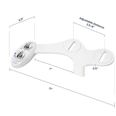 Neo 185 Dual Nozzle Bidet Attachment For Toilet Seat dimensions showing adjustable distance and size, non electric