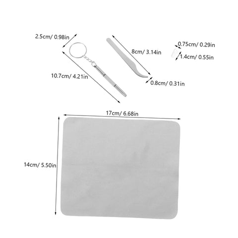 All In One Eyeglasses Repair Kit with silicone nose pads, mini screwdrivers, tweezers, tiny screws, and cleaning cloth measurements