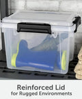 3 Pack 19 Quart Waterproof Storage Bins IP68 Clear Plastic Totes With Gasket Sealed Lids featuring rugged blue boots.