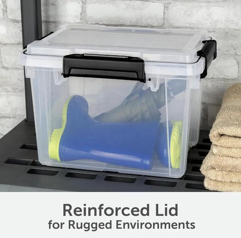 3 Pack 19 Quart Waterproof Storage Bins IP68 Clear Plastic Totes With Gasket Sealed Lids featuring rugged blue boots.